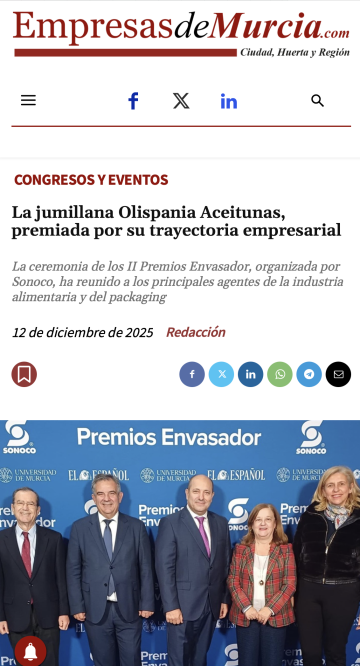 Aceitunas Olispania recibe el Premio Envasador de Sonoco a su trayectoria empresarial