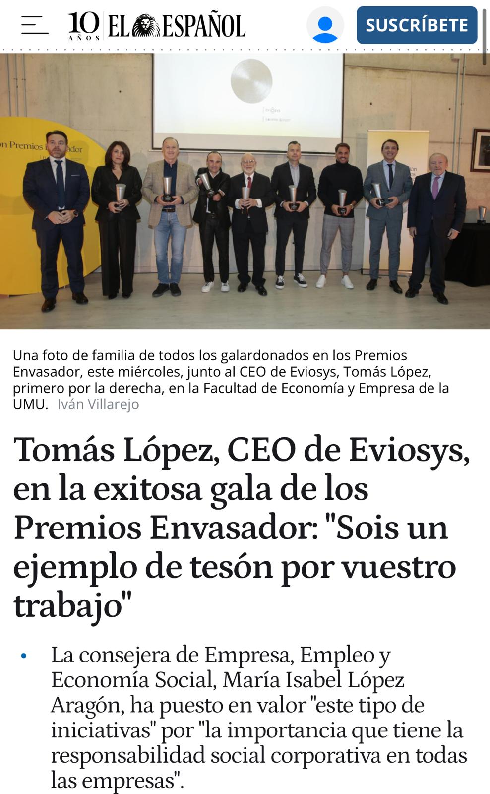 Tomás López CEO de Eviosys en los Premios Envasador